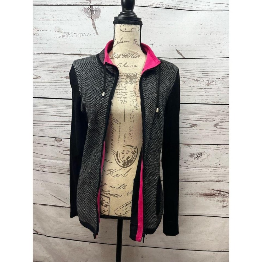 Belford Women's Knit Jacket Zip Front Black Gray‎ Pink Trim Size M
